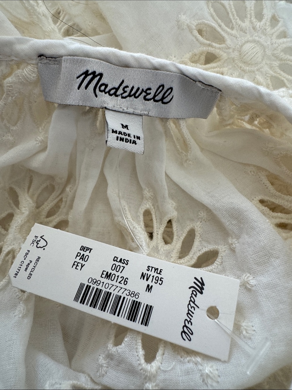 Madewell Embroidered Shirt Shirred Puff Sleeve Eyelet Cream NV195 Sz MEDIUM NWT